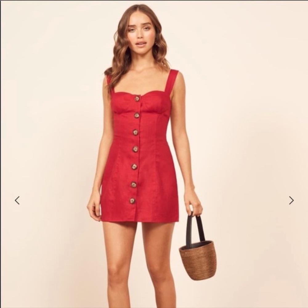 Reformation-red-linen-button-front- dress - great condition